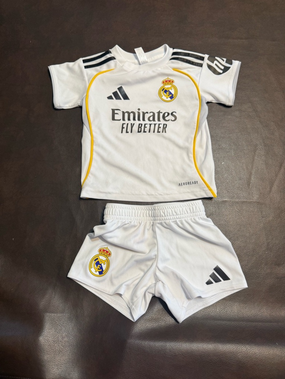 Adidas Kids Real Madrid White Jersey & Shorts with Yellow Trim